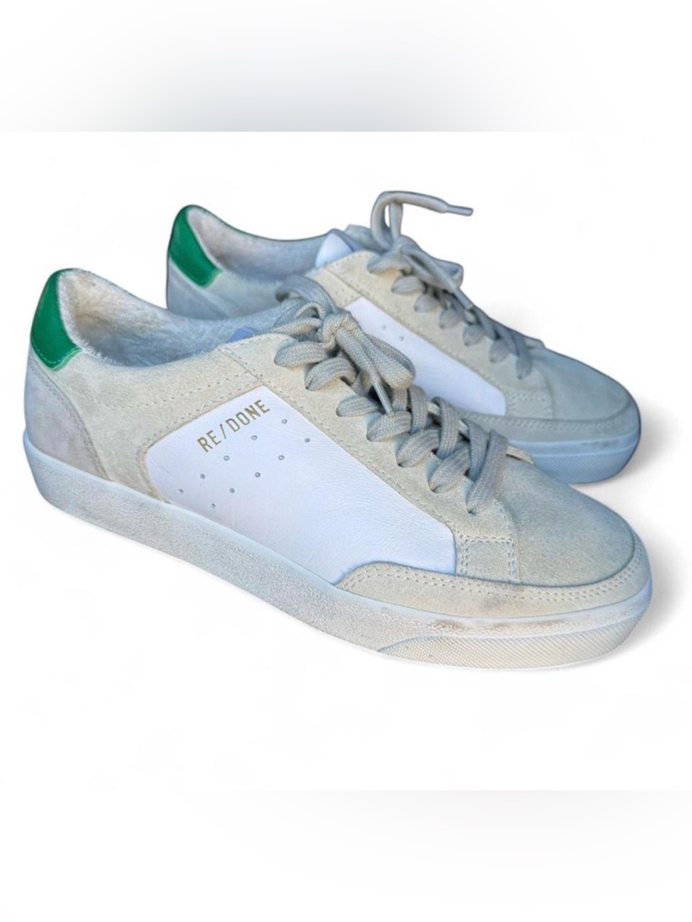 Re/Done White and Green Low-Top Suede & Leather Sneakers